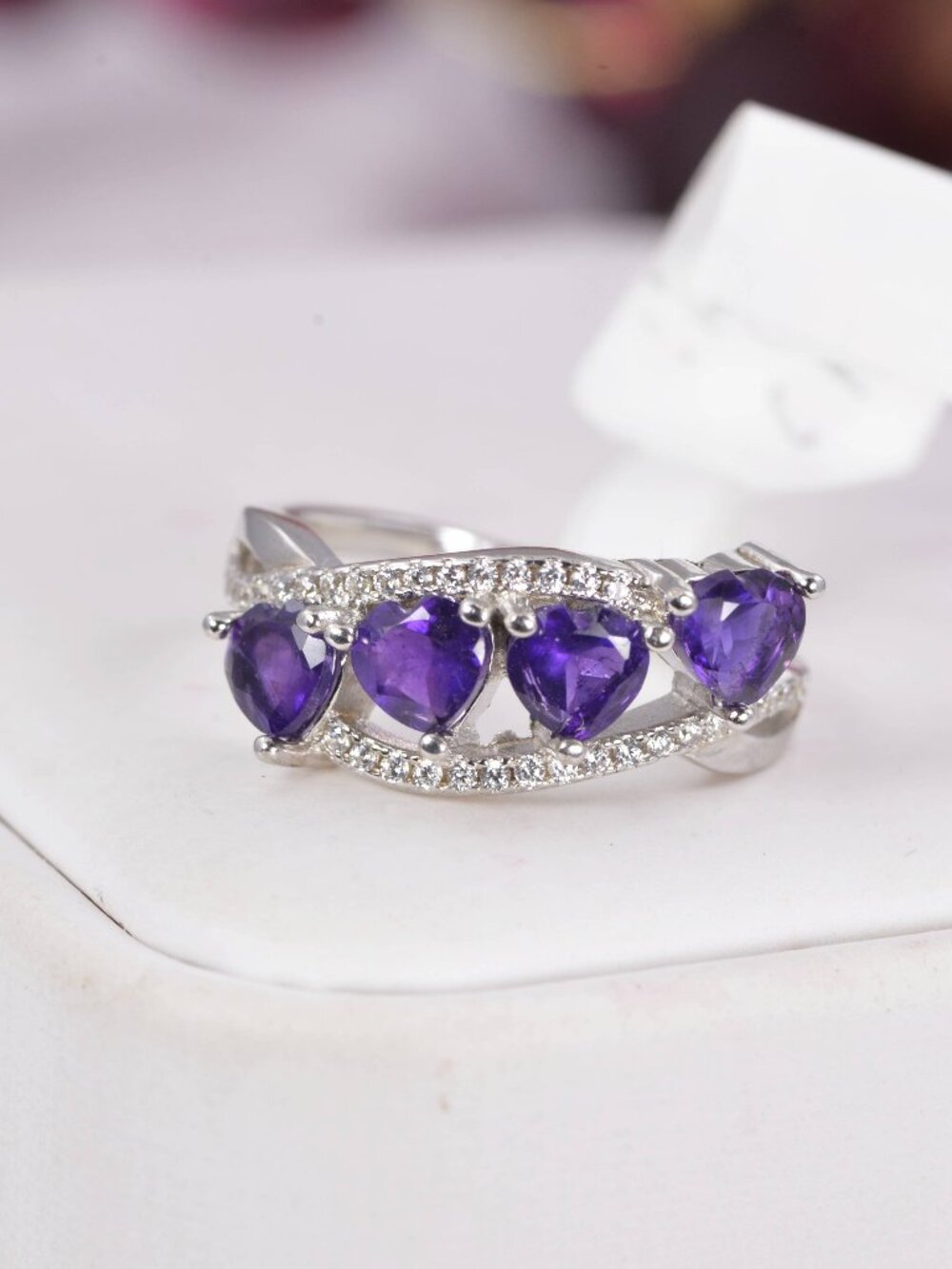 Natural Amethyst Heart Shape Ring Real 925 Sterling Silver sz 8